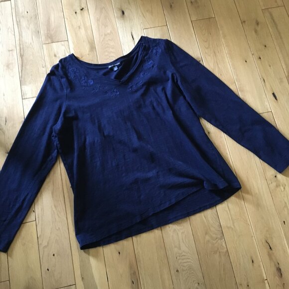 Cotton Modal Hilary Radley Soft Navy Blue With Floral Embroidered Collar - Picture 11 of 16